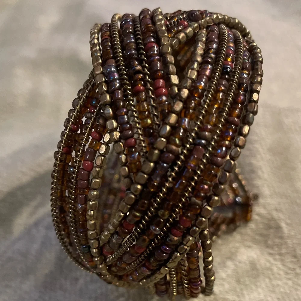 Set of 2 Boho Beaded Cuff Bracelets. Brown & Multi Colored Tones